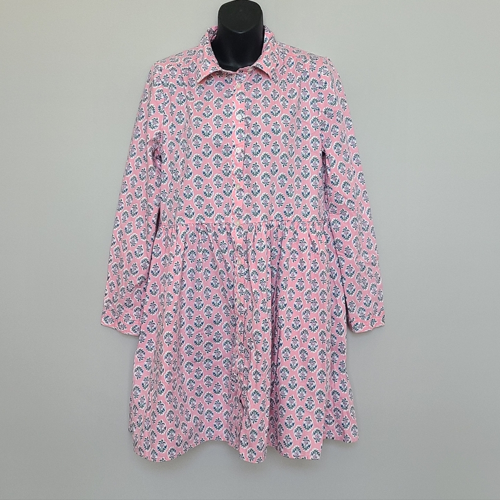 J Crew Printed Collared Mini Shirt Dress 8 Pink Floral Long Sleeve Pockets